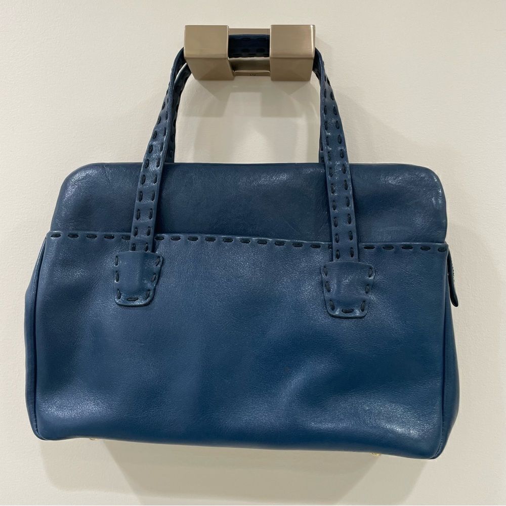 Vintage Ganson Navy Leather Short Handle Tote W/Stitching Detail Bag